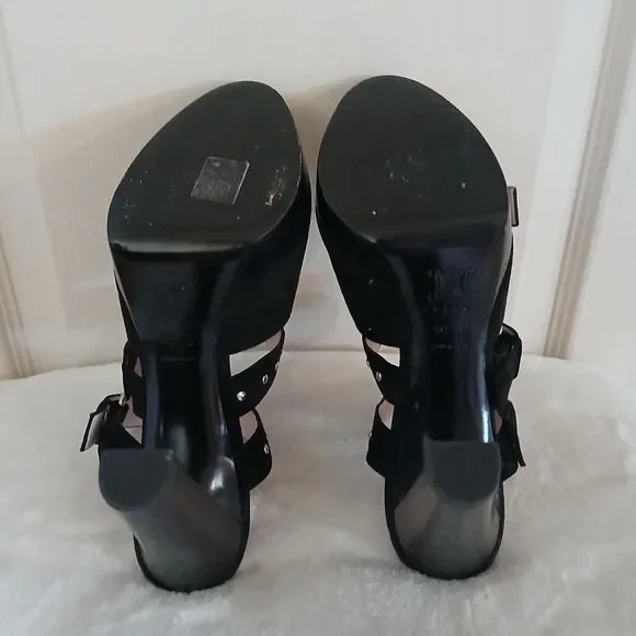 CÉLINE Black Suede Platform Sandals Chunky Block Heel Buckle Straps 40 Luxury